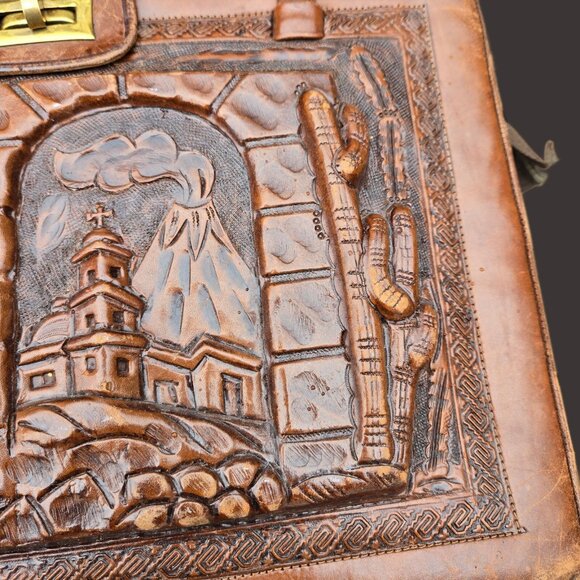 Vintage 70s Mexican Mayan Tooled Leather Handbag Shoulder Bag  Brown Top Handles - Picture 4 of 12